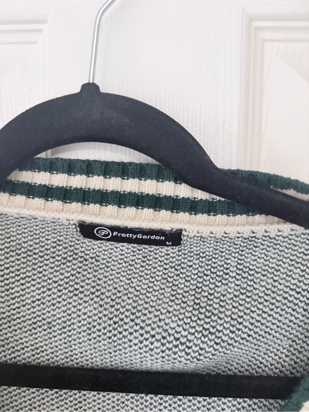 Cream and Dark Green Patterned V-Neck Cardigan Sweater - Picture 3 of 3